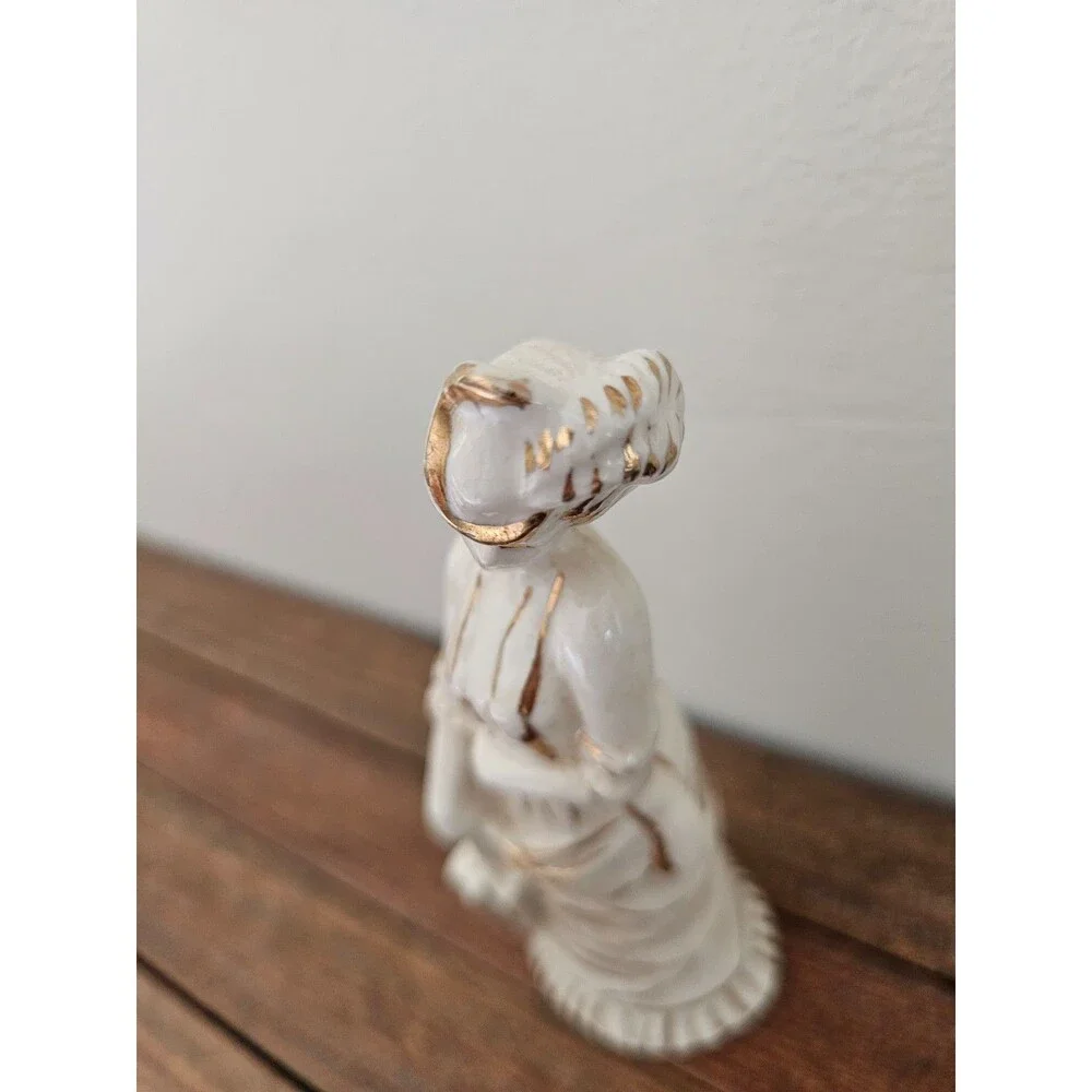 Pair of Vintage Midcentury Ceramic Lady Figurines with Parasols Cream and Gold